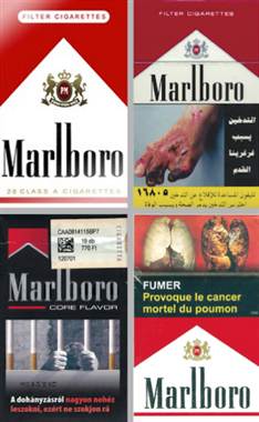 Marlboro, the world’s top-selling brand, packaged under labeling laws of (clockwise) the U.S., Egypt, Djibouti, Hungary/Photos of non-U.S. packs, Canadian Cancer Society